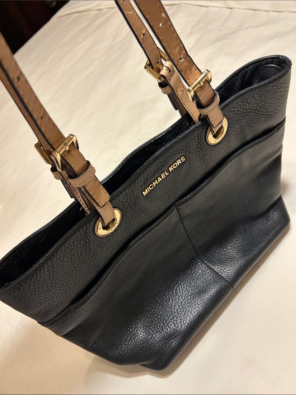 Michael Kors Black Pebbled Leather Tote with Tan Straps and Gold Hardware